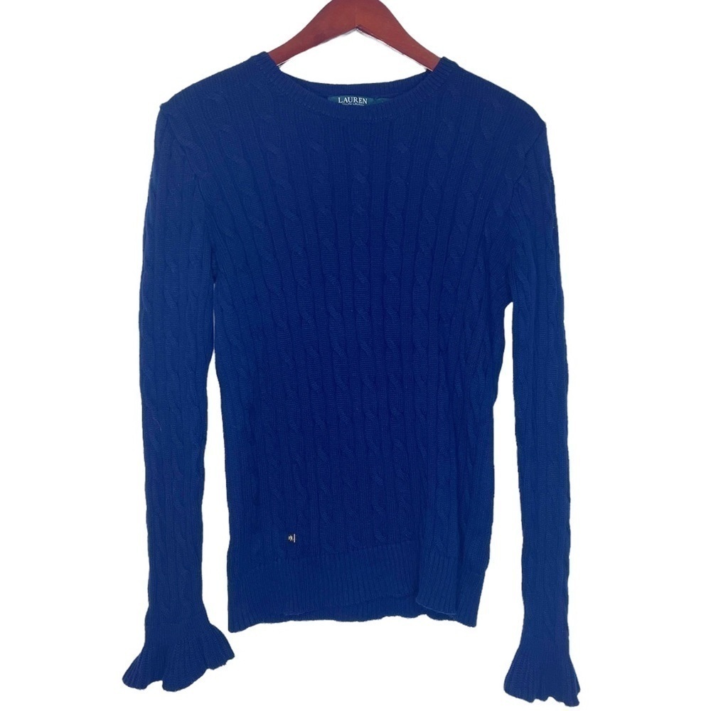 LAUREN RALPH LAUREN Bell Cuff Cable Knit Cotton Sweater Size Large in Navy